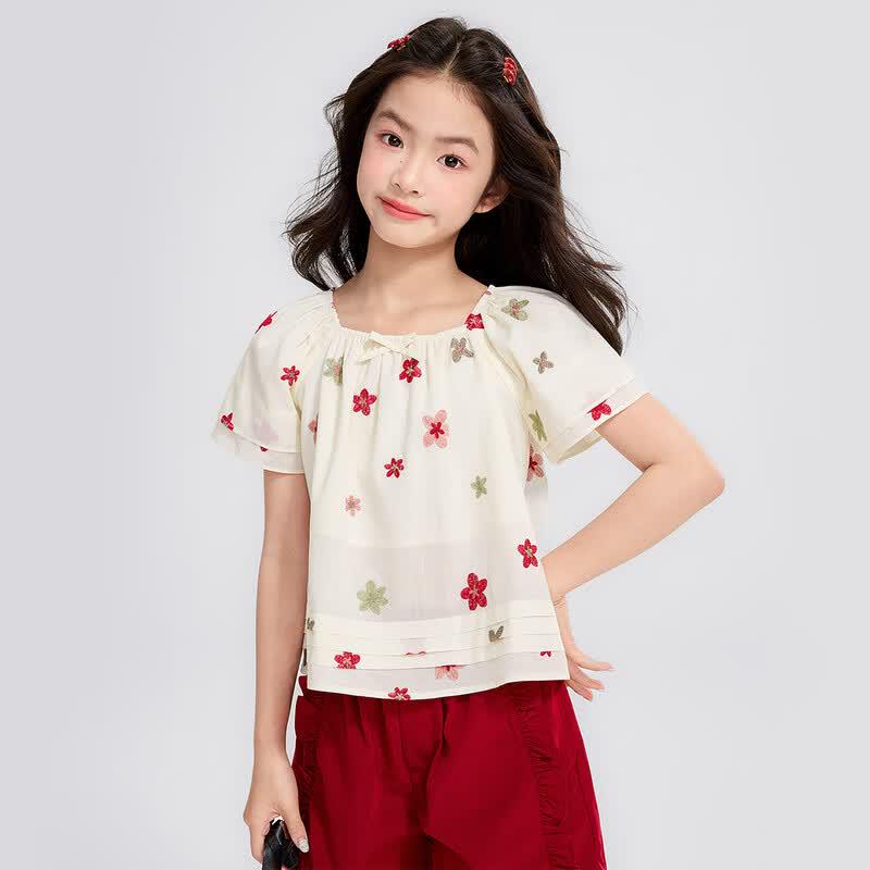 Blouse en coton à manches bouffantes florales pour filles Yuan Yuan Princess