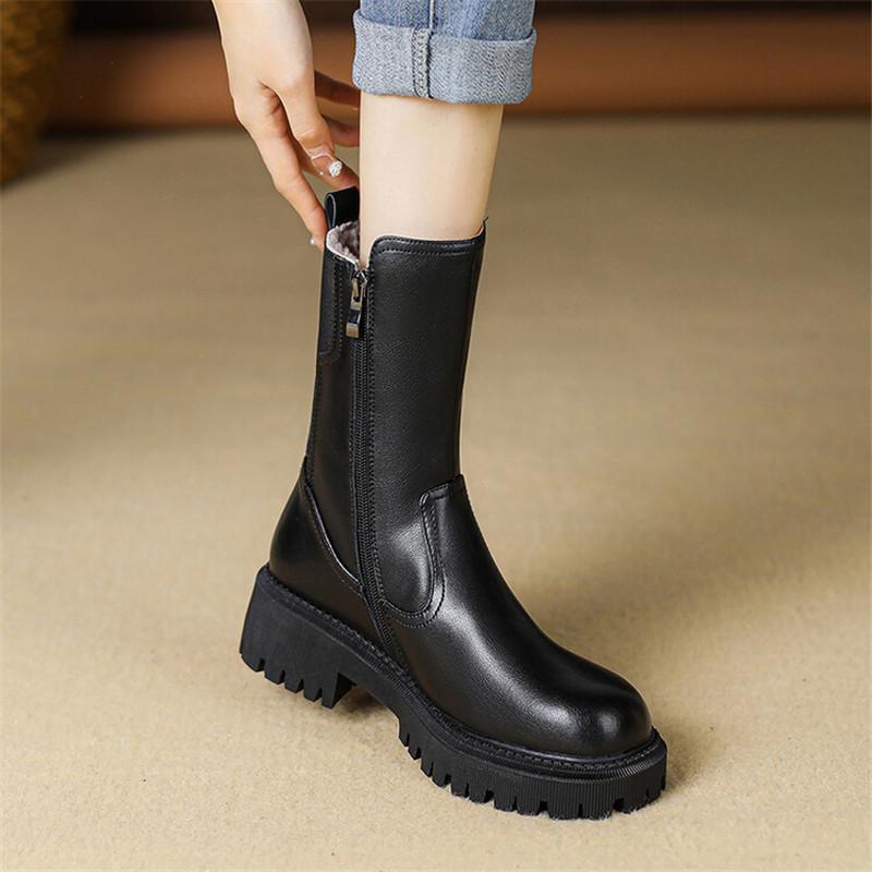 Mode Neue Winter Echtleder Damenstiefel Schuhe für Damen Wollstiefel Hohe Absätze Stiefeletten Damen Plateauschuhe Chelsea Schneestiefel