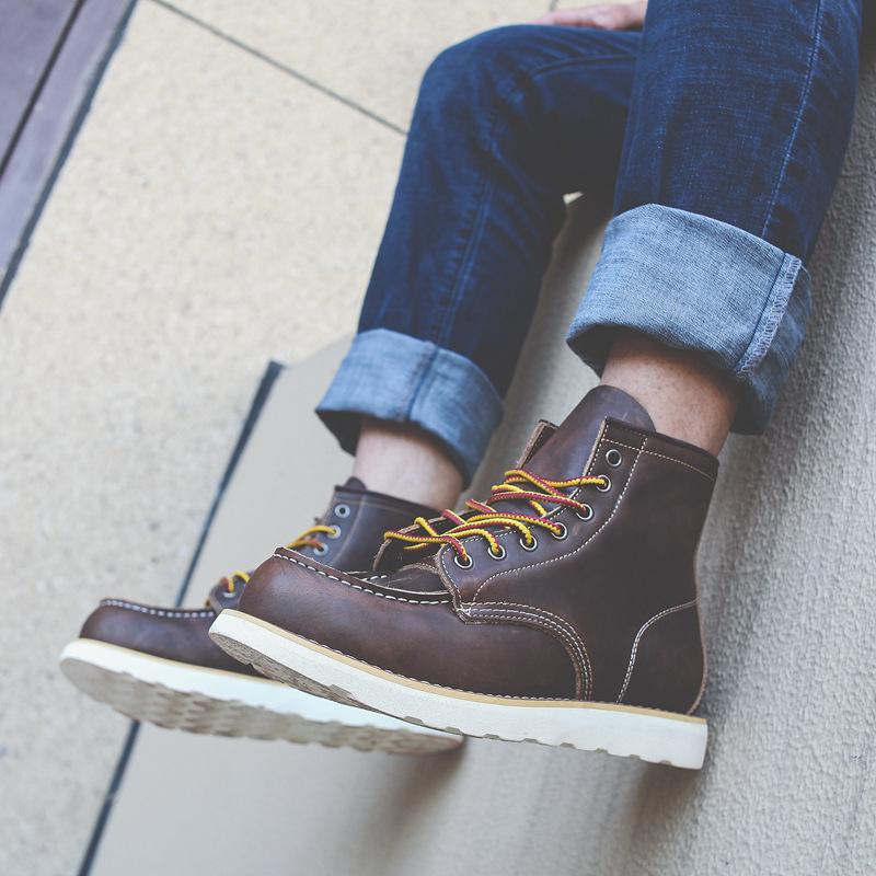 Men Boots American Retro Tooling Boots Casual Crazy Horse Leather Men's Boots Vintage Lace Up Ankle Boot Cowboy Boots