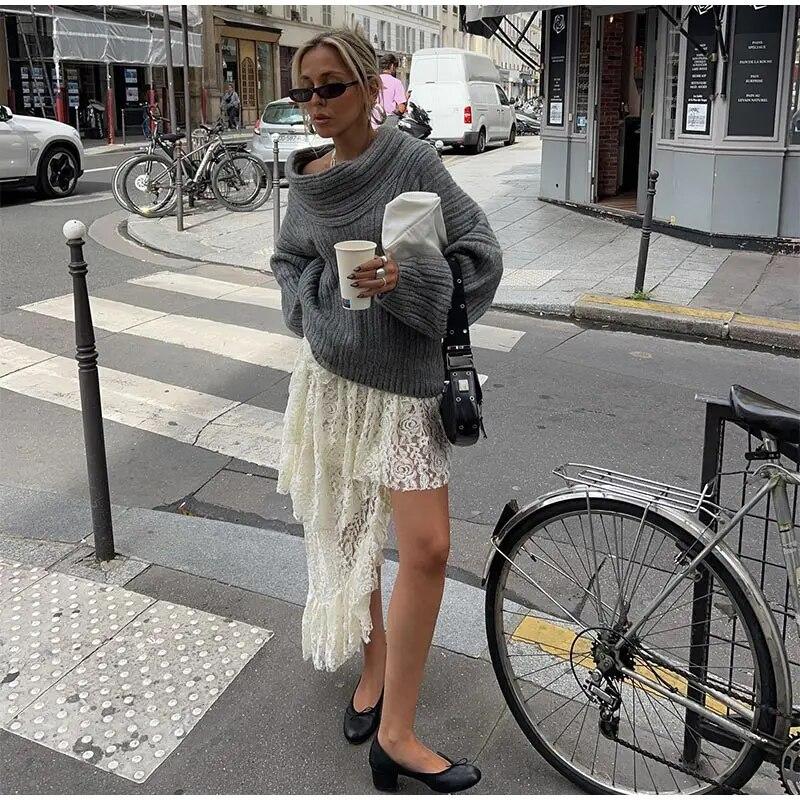 Elegant Solid Slash Neck Thick Knitted Boat Neck Tops Women Casual Long Sleeve Loose Warm Pullover Jumpers Female Fashion High Street Sweater Knitwear
