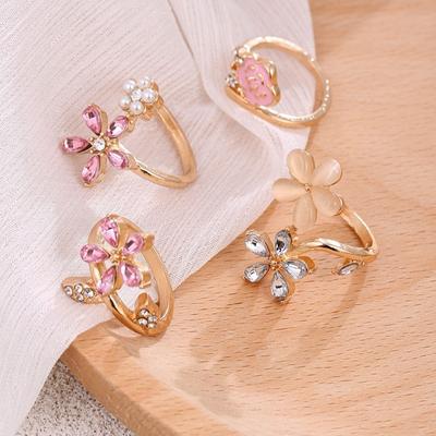 4 Pcs Crystal Rhinestone Flower Rings Simple Finger Jewelry Sweet Opening Finger Ring  Gifts