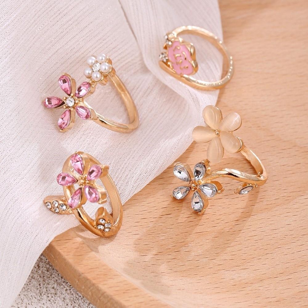4 pcs Simple Rhinestone Flower Rings Light Luxury Finger Jewelry Fashion Opening Finger Ring  Girls