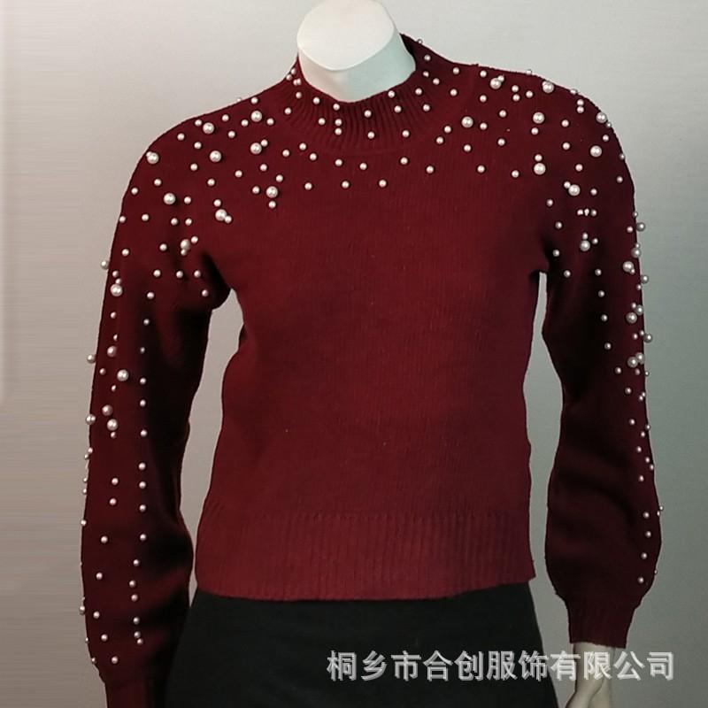 Womens Oversized Round Neck Knit Sweater With Pearl Embellishment Loose Fit Long Sleeve Acrylic Pullover Winter