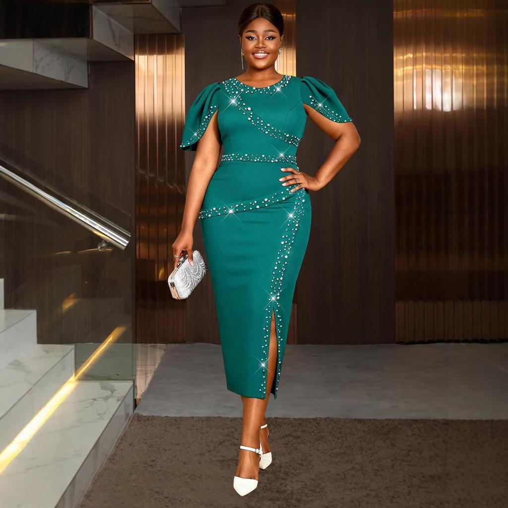 Vestido de Fiesta Elegante con Abertura, Perlas y Fruncidos para Mujer Tallas Grandes