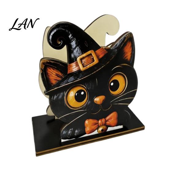 Cute Cartoon Pattern Decor Halloween Wooden Napkin Holder, Black Cat Mummy Pumpkin Table Desktop Organizer for Party, Spooky Festive Kitchen