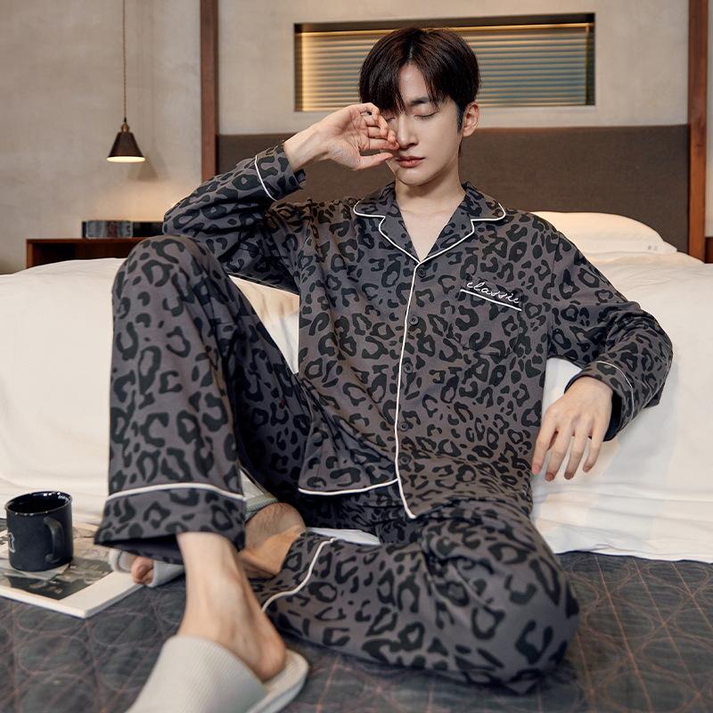 Antibakterieller Herren-Schlafanzug aus reiner Baumwolle der Klasse A – Langarm-Strickjacke für Frühjahr/Herbst 2025, lässige Heimkleidung