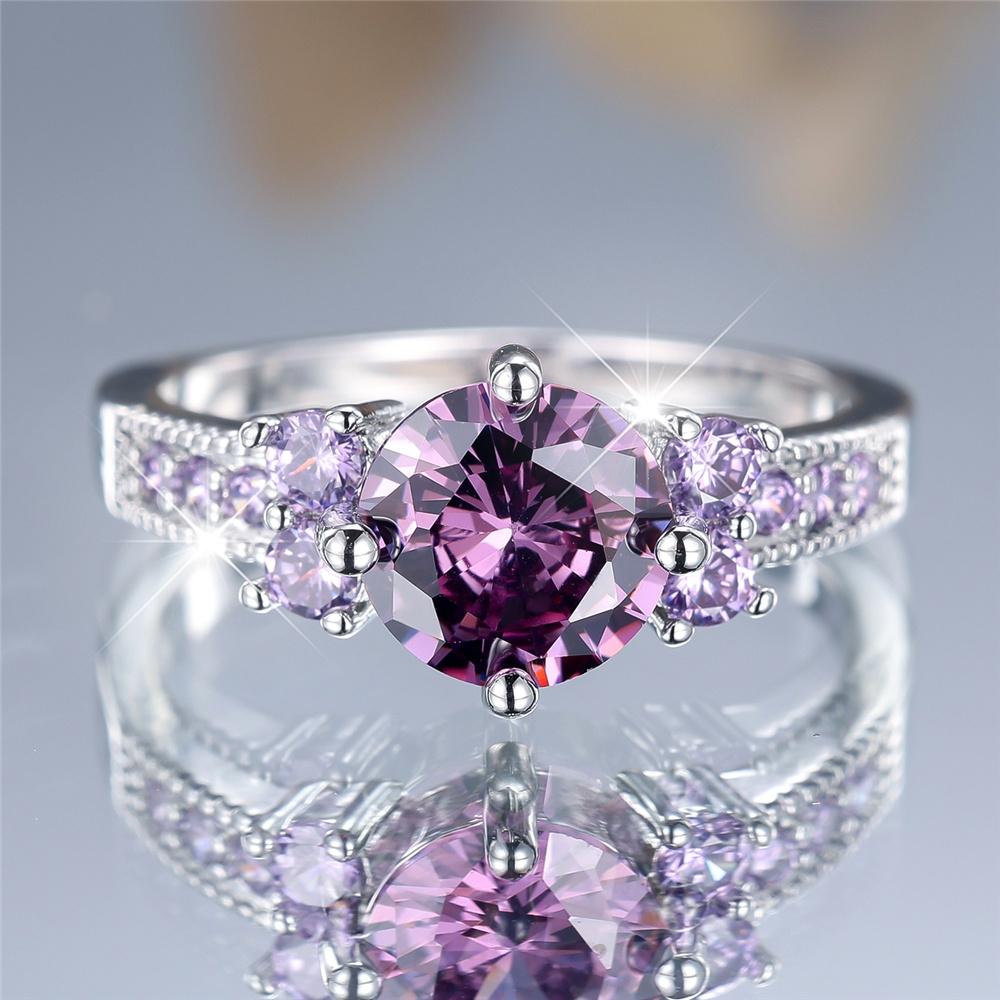 

Cute Female Purple Zircon Round Stone Ring Silver Color Engagement Charm Wedding For Women 13