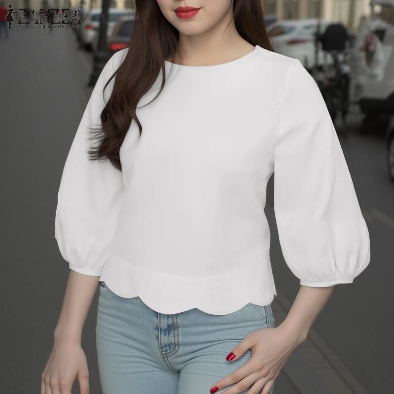 ZANZEA Womens Casual Round Neck 3/4 Sleeve Solid Color Loose Blouse