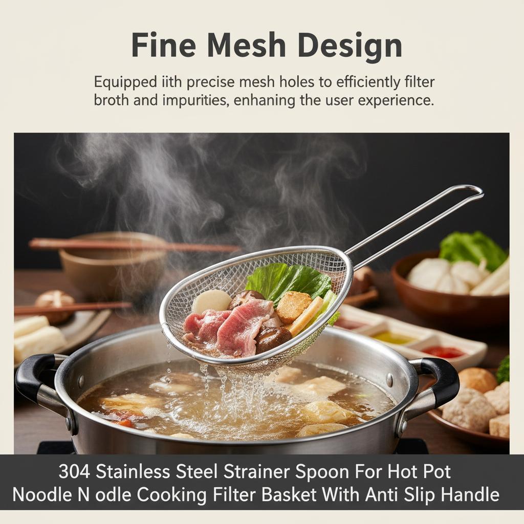 304 Stainless Steel Strainer Spoon For Hot Pot Noodles Cooking Filter Basket With Anti Slip Handle