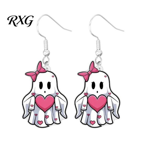 Cute Halloween Jewelry Pink Heart Ghost Earrings, with Bow Drop Earrings Lightweight Acrylic for Girls Women