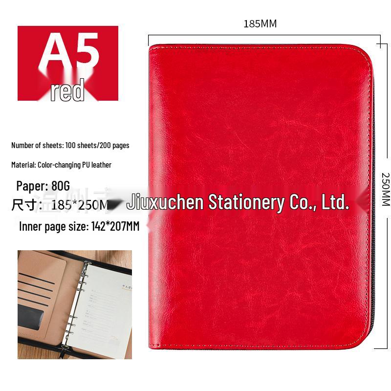 A5 Multi-Functional Leather Zipper Notebook with Large Capacity and Loose-Leaf Pocket Inserts, B5 Size