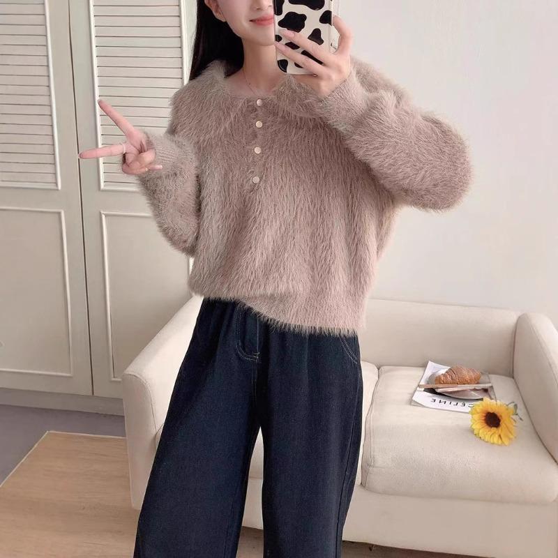 Doll Collar Imitation Mink Fleece Sweater Pullover Autumn and Winter New Loose Soft Waxy High-end Knitted Sweater Top Women