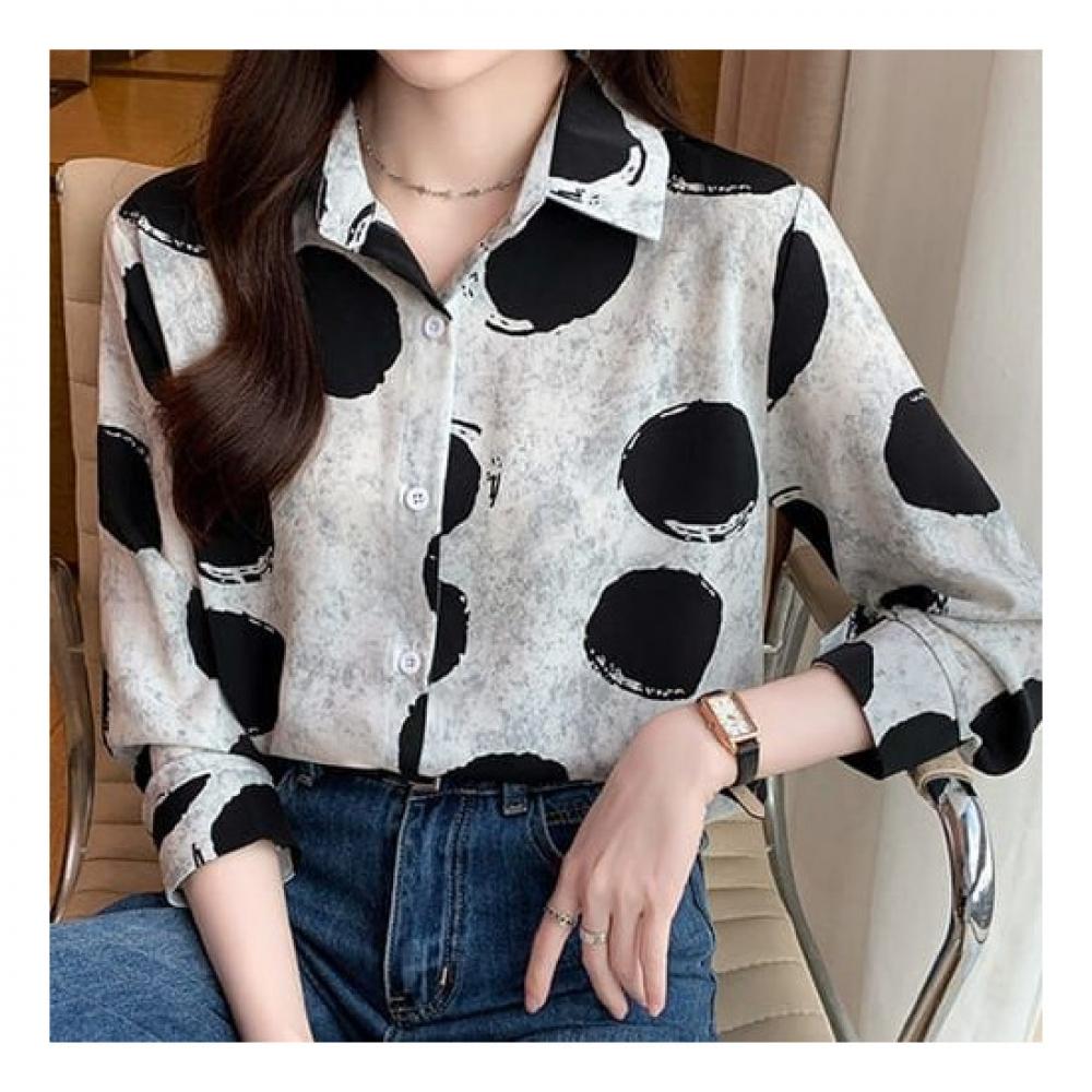 Navava Unisex Vintage Dot Print Long Sleeve Collar Shirt Nb1833