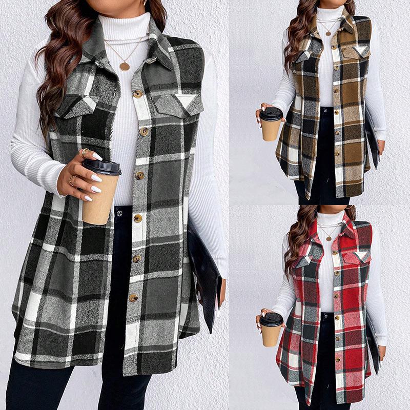 European & American Plaid Sleeveless Woolen Vest, Autumn/Winter Fashion, Loose Women's Coat