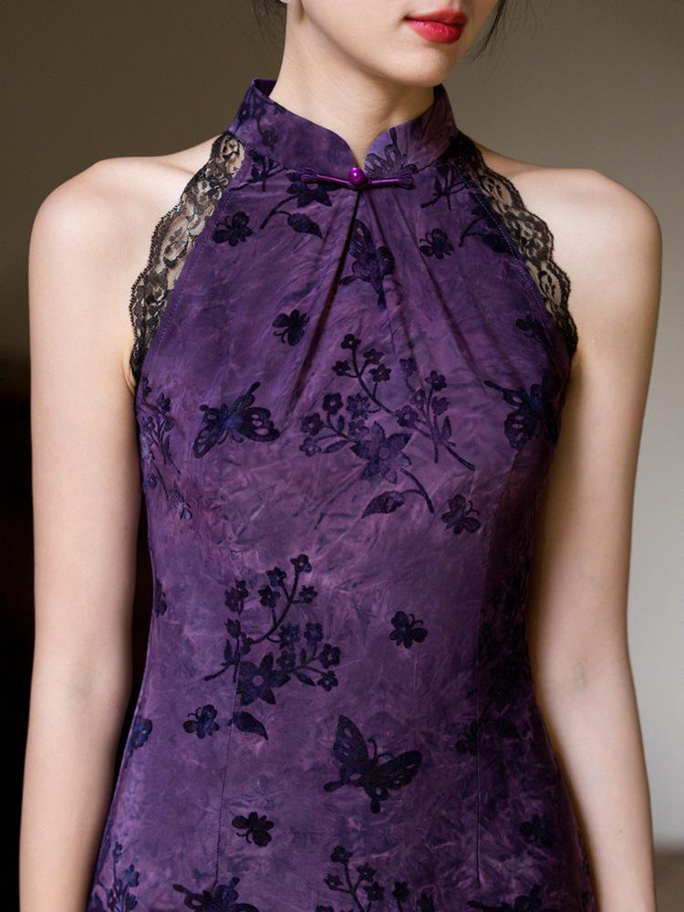 

Бархатное платье ципао с халтером: Сексуальное черное платье для похудения - издание Лето 2025 XL фиолетовый