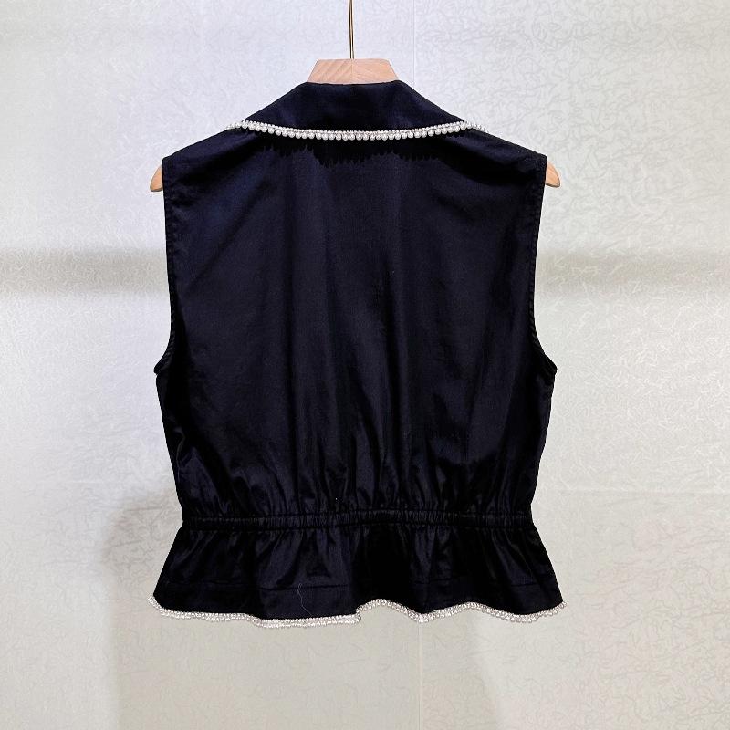 Black Hepburn Style Pearl Trim Vest & High Waist Skirt Set