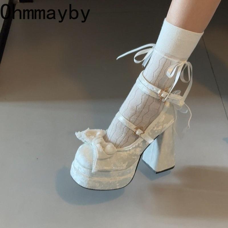 Platform High Heel Women Lolita Pumps Fashion Shallow Butterfly-knot Shoes Ladies Party Dress Cross Strap Mary Jane Shoes