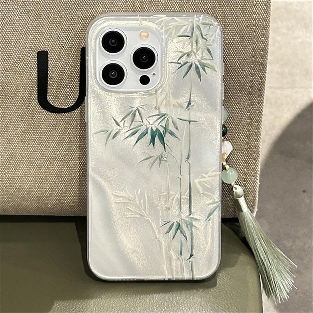 Cute Bamboo Feather Yarn Green New Phone Case For iphone 16 15 14 Pro Max 13 12 11 With Pendant Cover Shockproof Anti-drop Shell