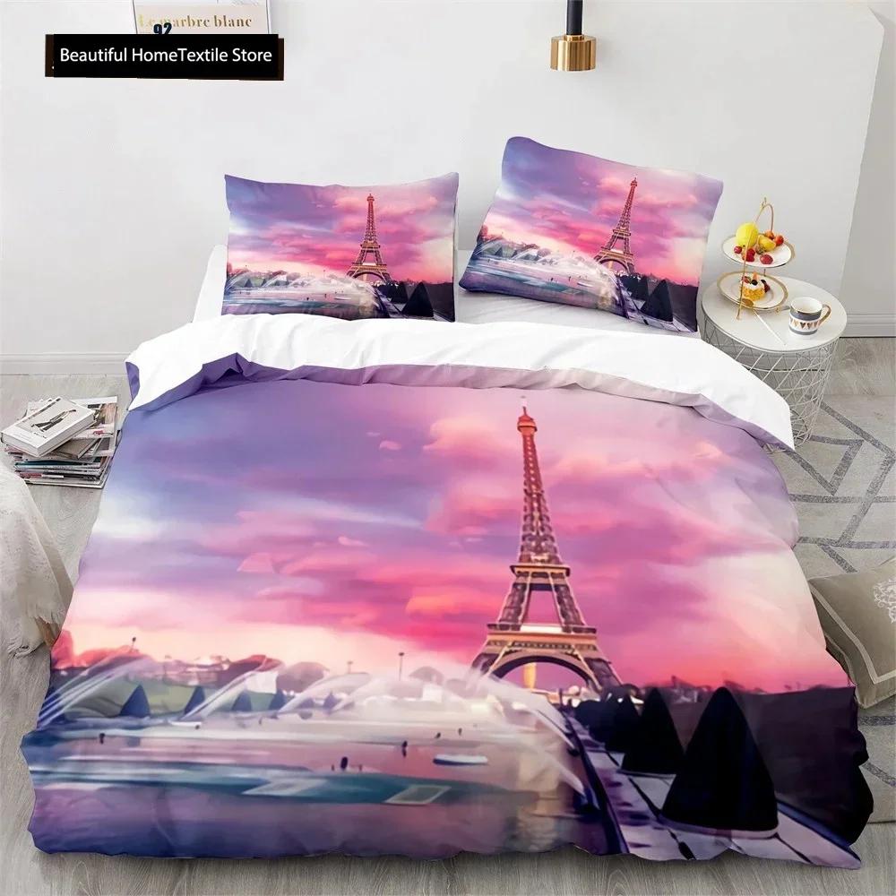 Comforter Luxury New 3D Print Eiffel Tower Lake Colourful Cloud Beautiful Landscape Bedding Set King Size Comforter