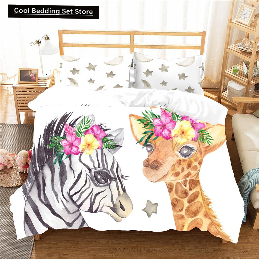 Federa per piumino a forma di giraffa cartone animato King Queen Animali Tropicali Set Biancheria da letto per Bambini Ragazzi Ragazze Adorabile Fauna Selvatica Poliestere Copripiumino