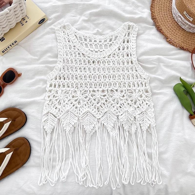 Literary and Artistic Solid Color Three-dimensional Hook-up Embroidered Lace Small Vest Large Size Women's Sleeveless Round Neck Casual Outer