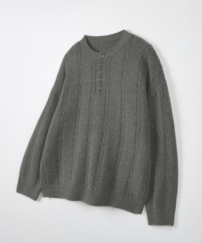 NODU Soft Henley Neck Round Long Sleeve Knit [Gray]