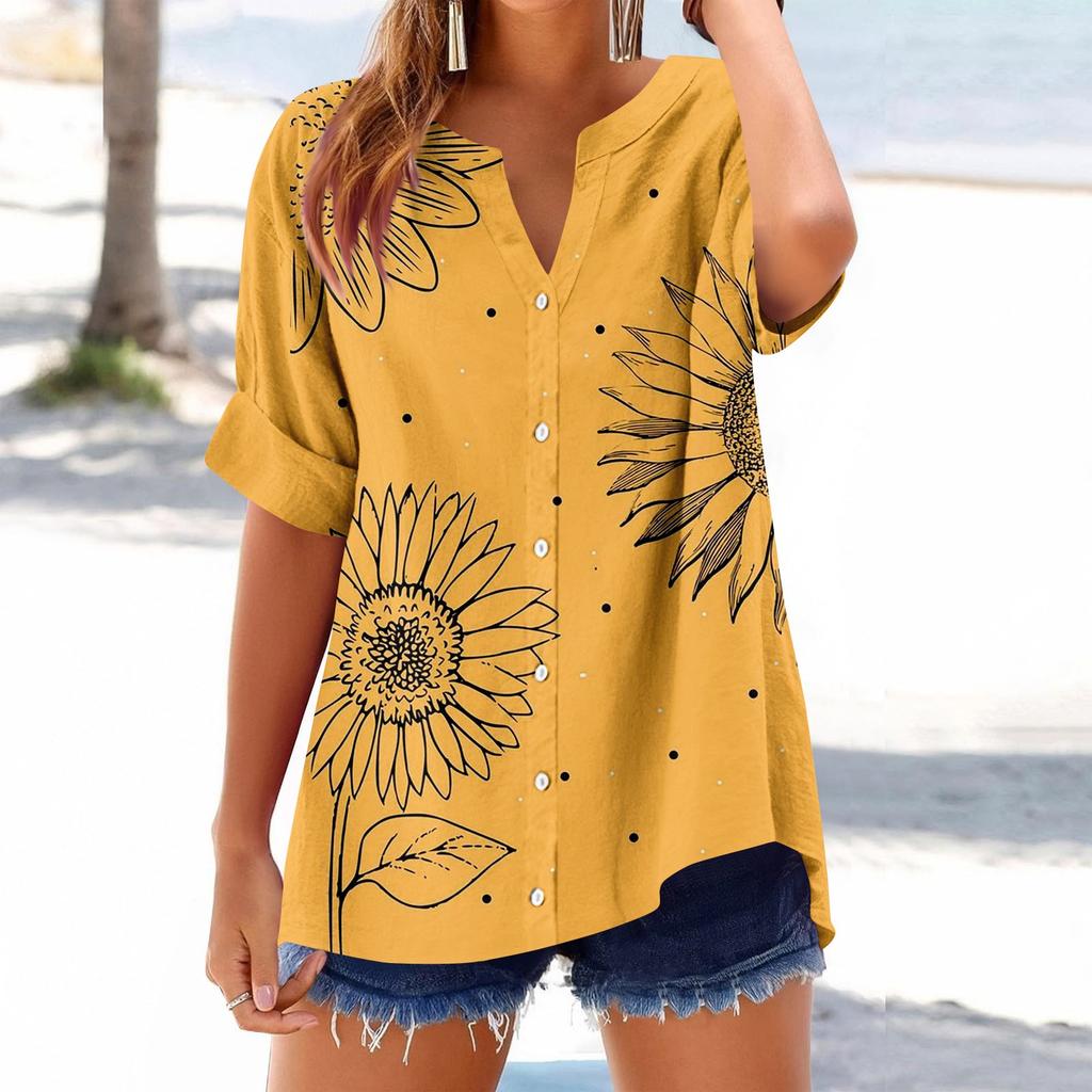 Women's loose printed stand collar short-sleeved cotton and linen top