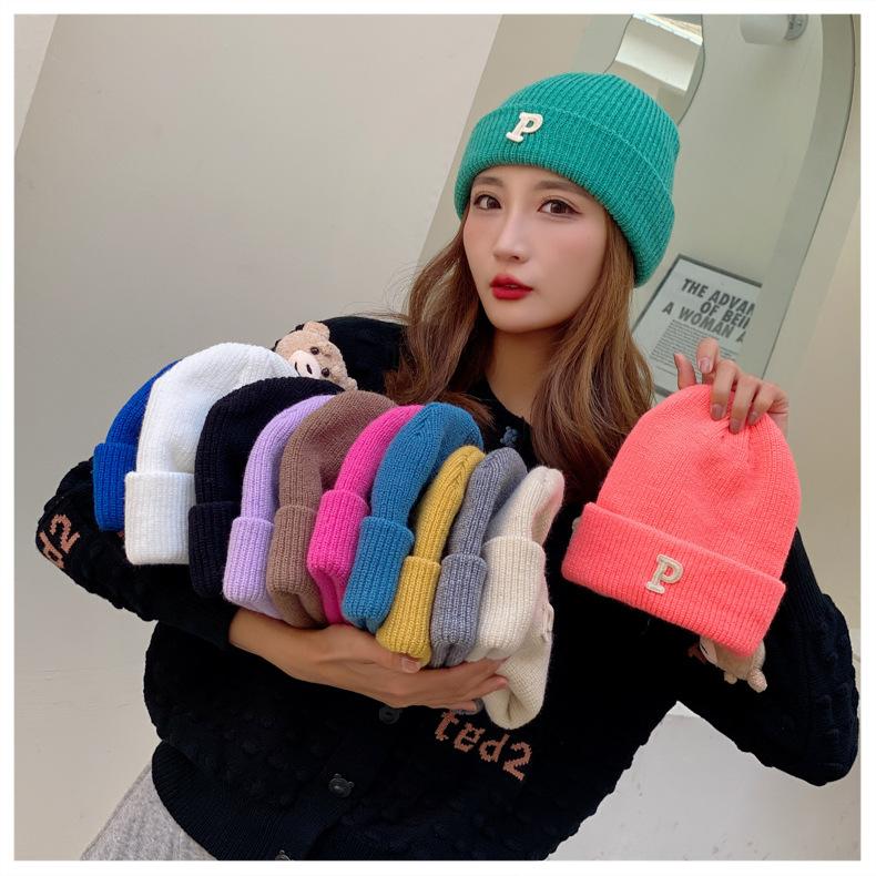 Winter Knitted Hat for Women Warm Pullover Hat P Shaped Bag Head Trendy Face Small Korean Version Wool Hat Men