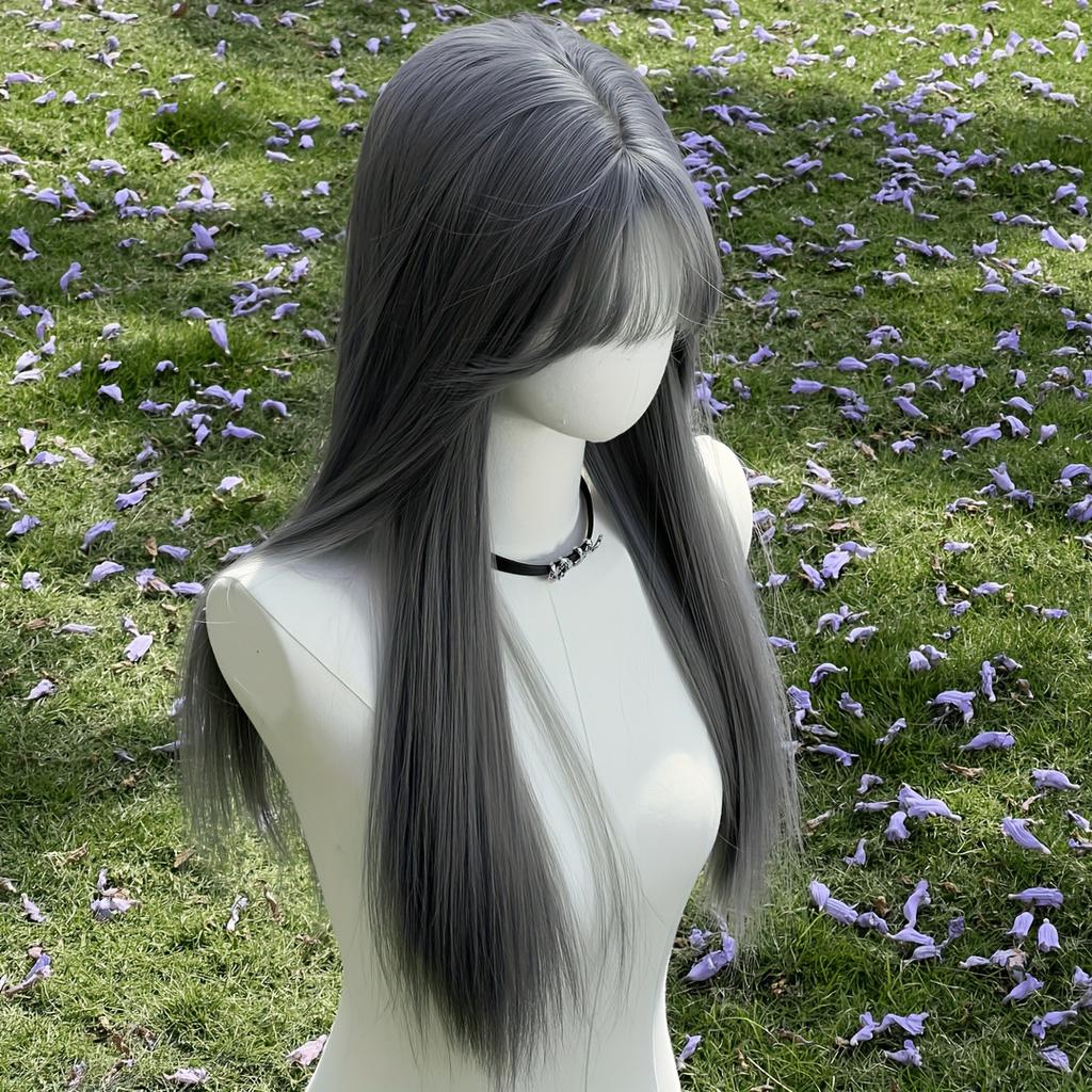 New Silver Gray Long Straight Hair Chemical Fiber Synthetic Wig Neat Bangs Matte Long Straight Hair Wig Women's Universal Wig