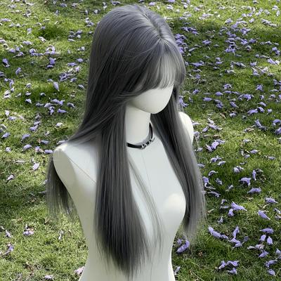 Neue silbergraue lange gerade Haare Chemiefaser synthetische Perücke ordentliche Pony matte lange gerade Haare Perücke Damen Universalperücke