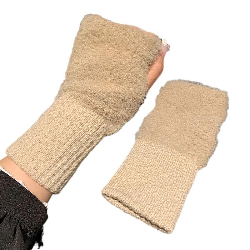 Women's Fluffy White Faux Fur Fingerless Gloves - Winter Warm, Fleece Lined, Long Sleeves