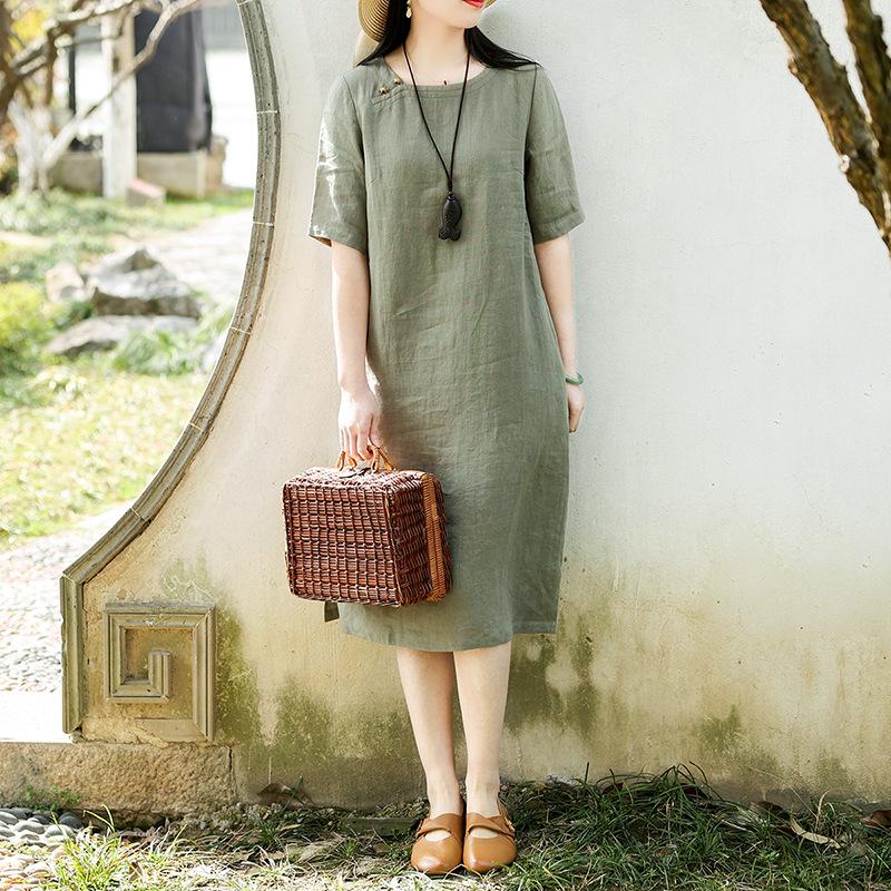 

2025 летнее новое однотонное платье с короткими рукавами, женская свободная ретро-темпераментная юбка из хлопка и льна с круглым вырезом 2XL