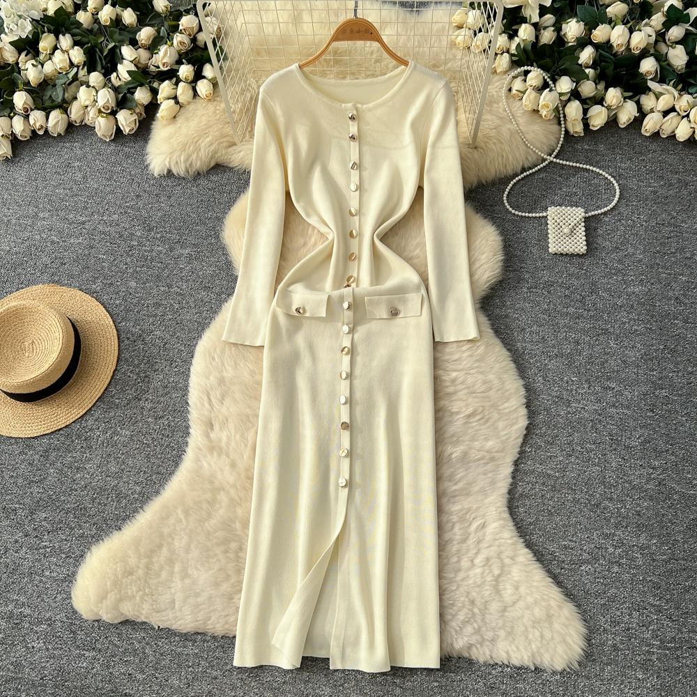 Autumn Winter Women Casual O-neck Full Sleeve Knitted Sweater Long Midi Pullover Dresses