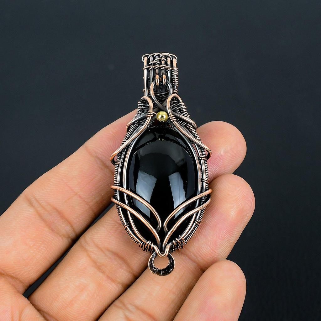 Obsidian Eye 999 Copper Wire Wrapped Pendant, Handmade Gemstone Pendant Jewelry, Gifts For Wife Brand New Pendant