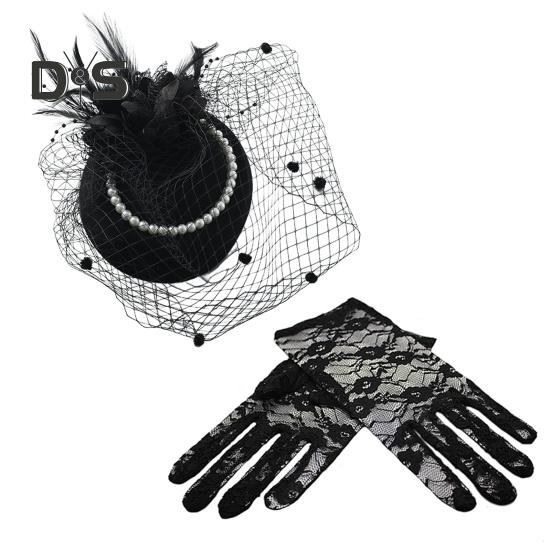 

2 шт./компл. шляпа-шапка-вуаль, головной убор, кружевные перчатки, набор, сетка, перья, декор для коктейля и чаепития, женский головной убор чёрный