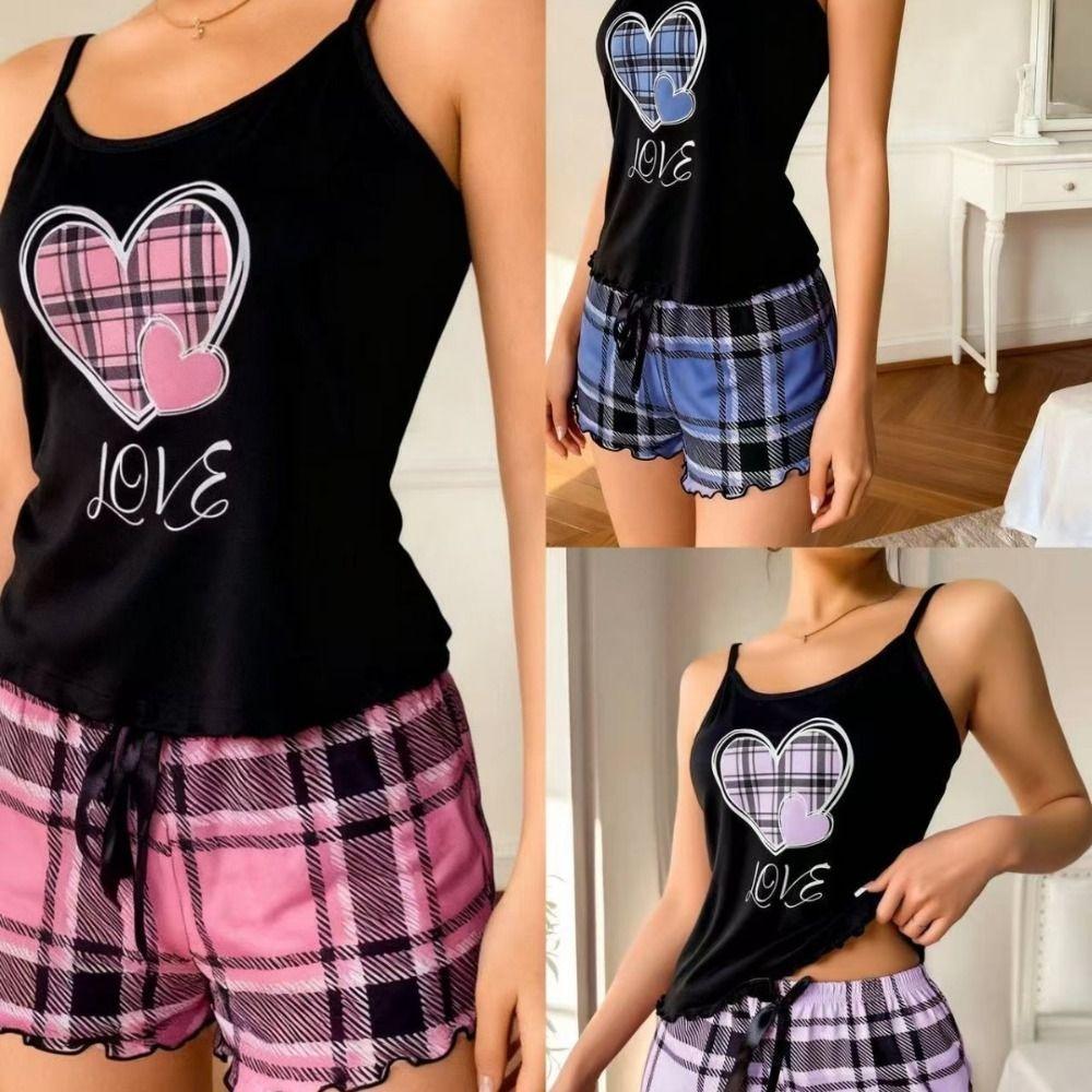 Homewear Two Piece Nightwear Love Heart Cami Shorts Pajamas Kawaii Women's Pajamas Set  Women