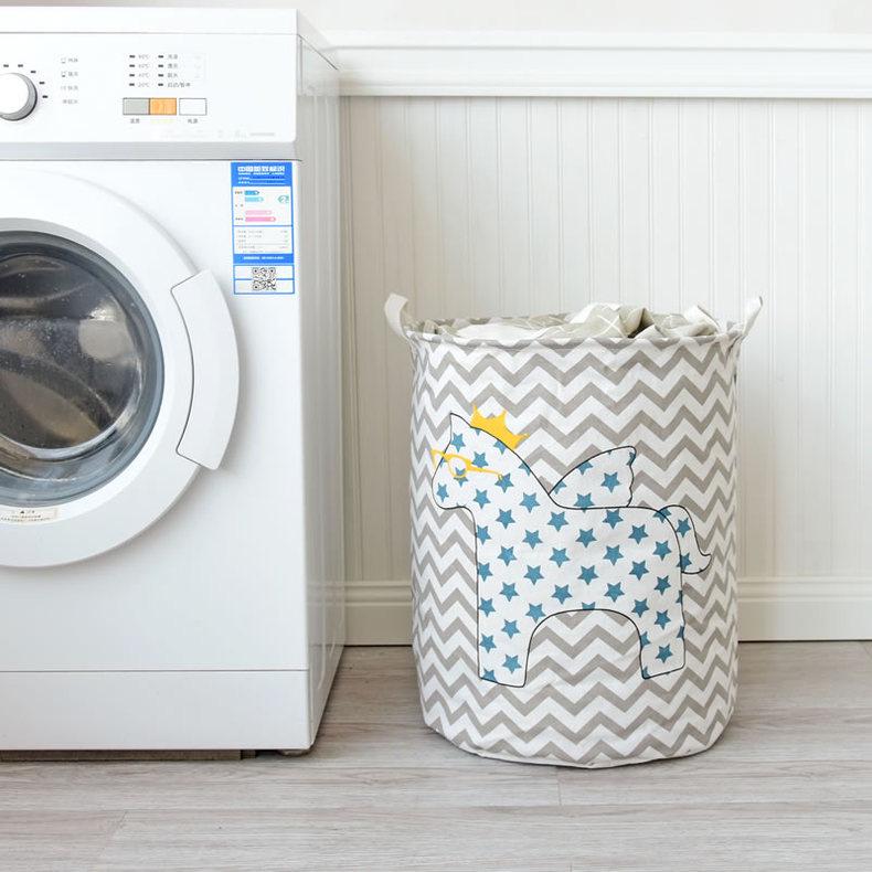 Nordic Cartoon Horse Cotton Linen Laundry Basket - Large Folding, Waterproof Storage for Clothes and Toys