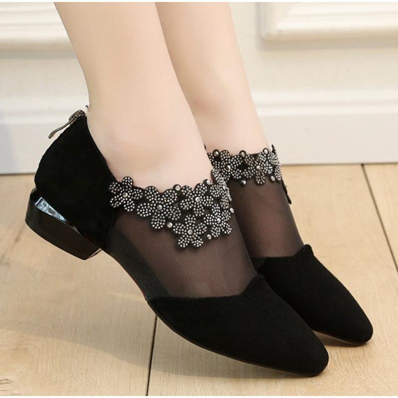 Neue Sandalen für Damen 2025 Strass Damen Blumen Niedrige Absätze Sandalen Damen Mesh Übergröße Sandalen Sandalias Mujer