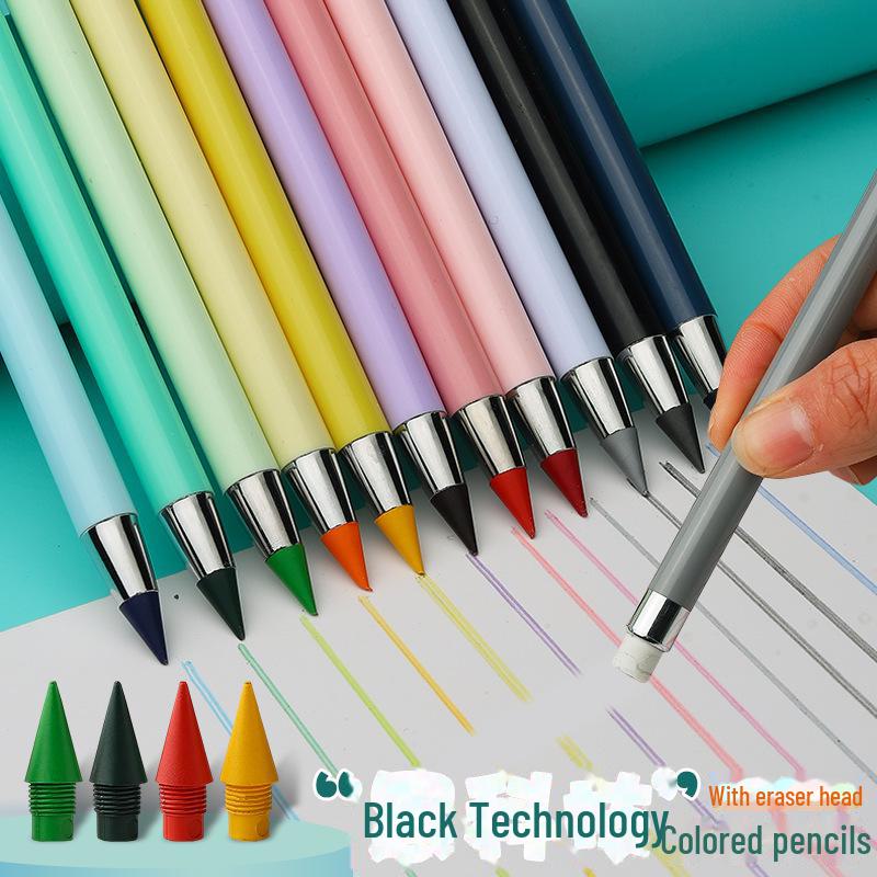12Pcs Eternal Black HB Macaron Colored Pencil - No Sharpening Needed, Break-Resistant Technology Inkless Pen.