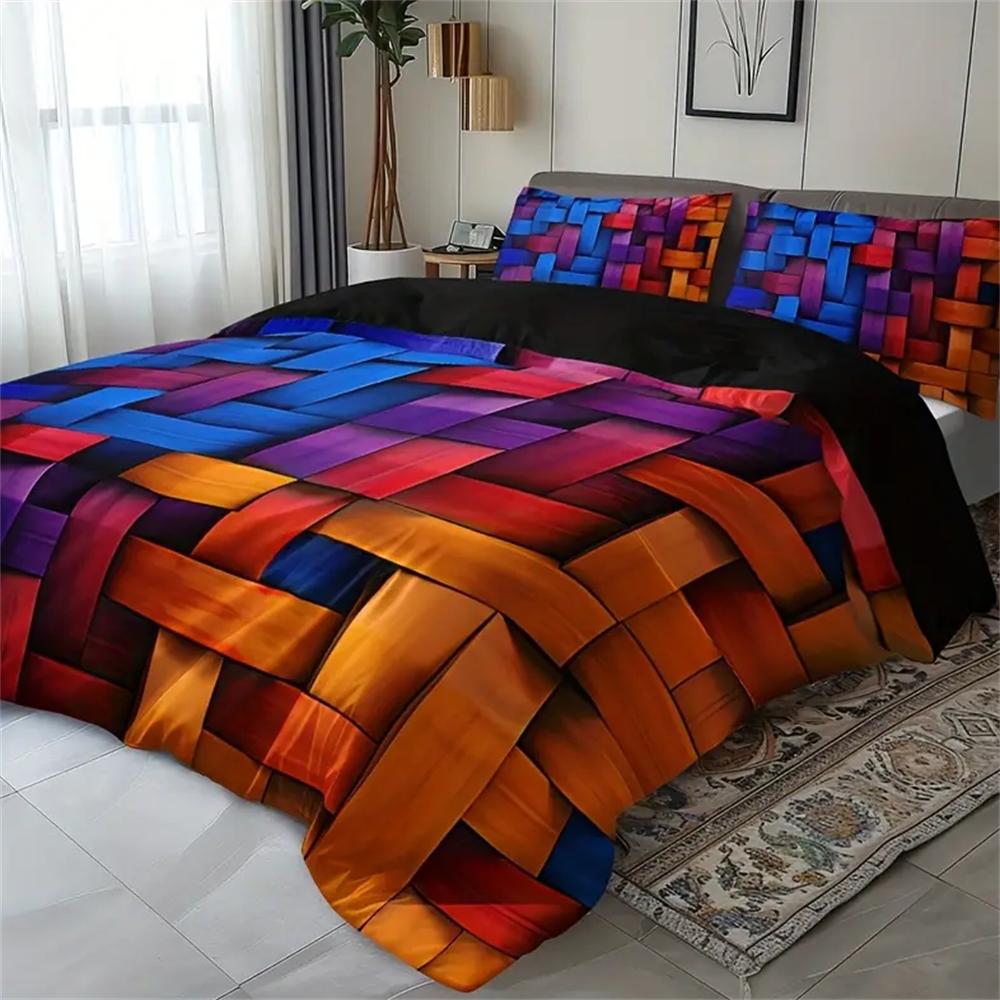 Set 3 piese cu culori vibrante și model geometric pentru husă de plapumă - Lenjerie de pat moale, respirabilă, cu imprimare HD, cu 1 husă de plapumă și 2 fețe de pernă
