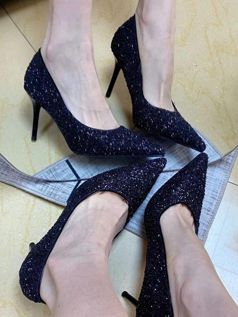 Black High-heeled Shoes Women's Fine-tipped 2026 Spring-autumn New-style Sequins Crystal Wedding Shoes Pointed-toe Sexy Shoe