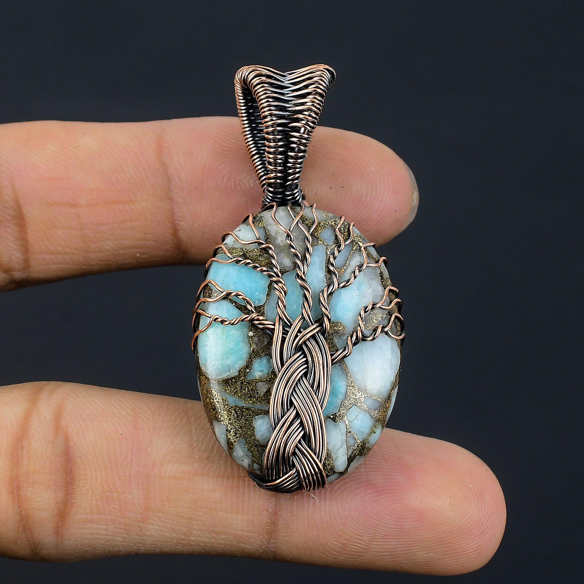 

Copper Larimar Pendant Gemstone Handmade Jewelry, 999 Copper Wire Wrapped Pendant, Gift For Wife Jewelry 2.55 Inches