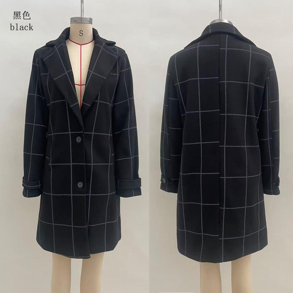 Women's Elegant Mid Length Woolen Coat Vintage Plaid Lapel Collar Casual Overcoat Long Sleeve Check Trench Coat Warm Winter Coat