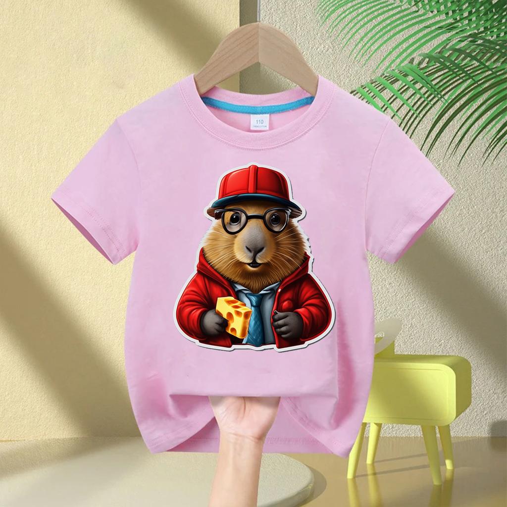 Cute Capybara Loves Bubble Tea Print Kids T-Shirt Summer Children's Pure Cotton Short-sleeved Casual Tops Boys and Girls Gifts