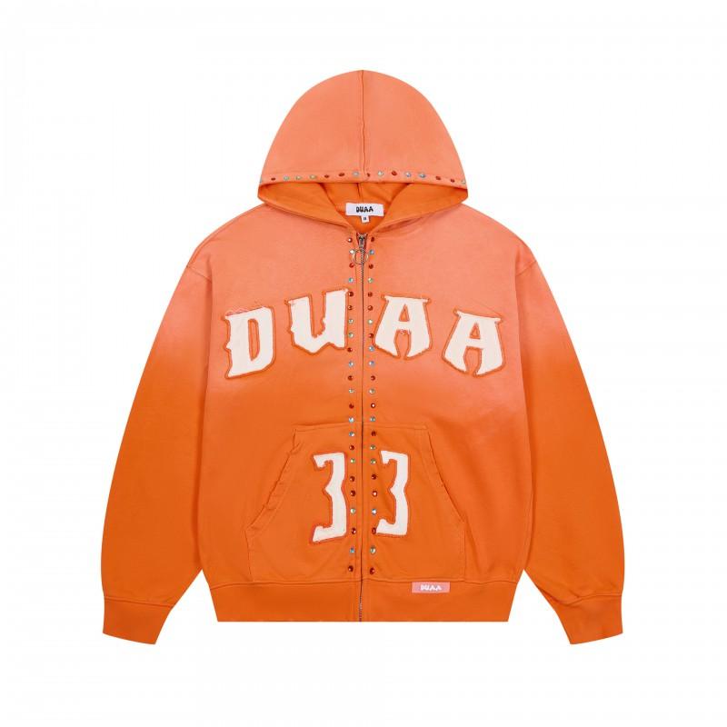 Vintage Washed Hoodie With Rhinestone Embroidery Streetwear Hip Hop Oversized Zip-Up Sweatshirt Men