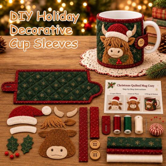 Holiday Quilted Mug Cover Craft Christmas Cozy Sewing Kit, DIY Fabric Kit with Festive Themed Kits Patterns, Sleeve Making for Beginners, Handmade