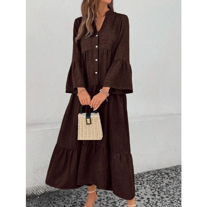 

Женское весенне-осеннее свободное и милое повседневное платье с длинными рукавами и широкими складками 2XL темно-коричневого