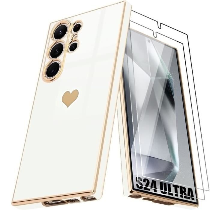 Coque Silicone - Samsung - Galaxy S24 Ultra - Blanc - Motif Cœur - Souple TPU avec 2 Verres Trempés