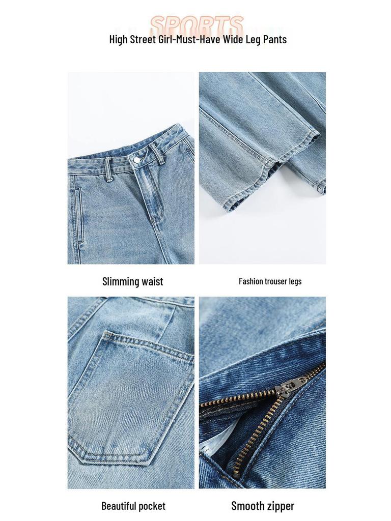 Women's 2025 Retro Blue High Waist Wide-Leg Jeans: Loose, Slimming, Floor-Length Pants
