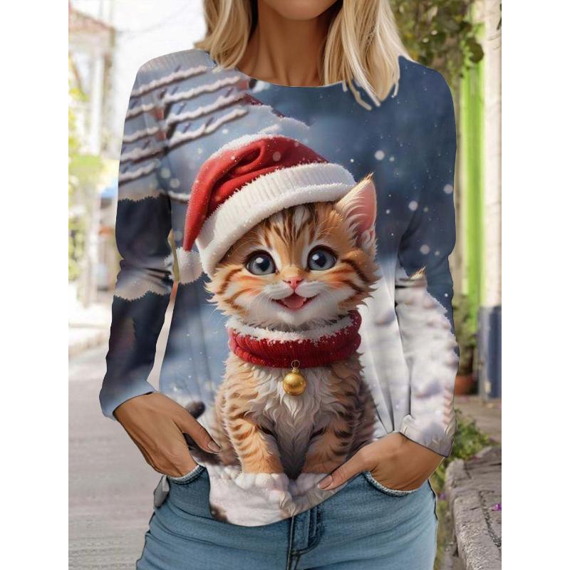 Christmas Women's Long Sleeved T-shirt Casual Fashion Christmas Cute Cat&Dog Holiday gifts Tops Harajuku Animal Women's Clothing